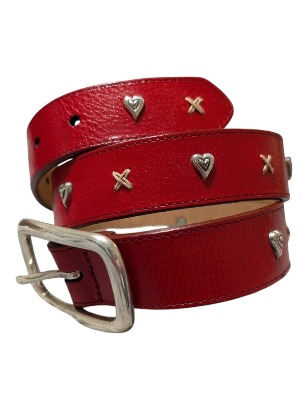 Brighton Vintage Red Leather Silver Heart Studded Western Belt